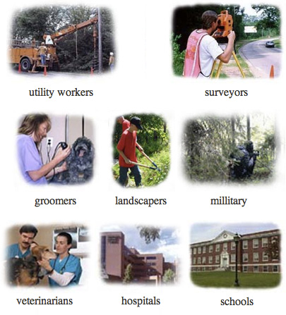 Professionals Using Ticked off™ - Utility workers, surveyors, landscapers, military, veterinarians, groomers, hospitals, schools